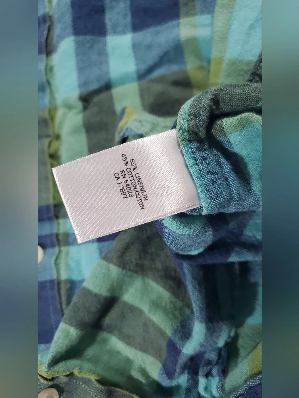 Banana Republic Mens XL Shirt Blue Green Plaid Linen Cotton Short Sleeve Pocket